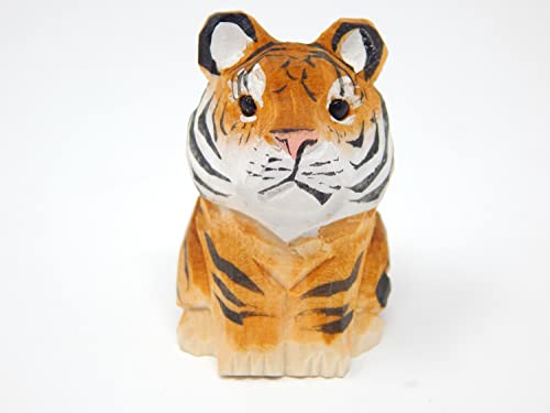 Selsela Tiger Keychain Ring Clip Charm Miniature Cat Bengal Striped Wood Mini Figurine Small Animal Selsela