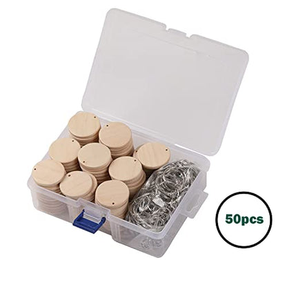 50Pcs Round Wood Circles with Keychain,Blank Round-Shaped Wooden Keychain Set with 50Pcs Wood Blanks,50 Pcs Keychain Rings with Chain,50Pcs Open Jump