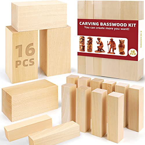 Basswood Carving Blocks, 16PCS Whittling Wood Blocks Wood Carving Kit with 2 Different Sizes, Bass Wood for Wood Carving Easy to Use, for Kids and K KERNOWO