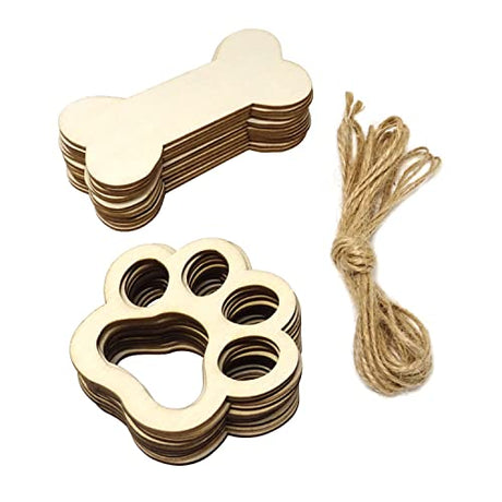 Honbay 24PCS Unfinished Wooden Dog Bone Dog Paw Cutouts Wood Slice Cutouts Ornament for DIY Projects, Gift Tags, Party Decoration, Painting and HONBAY