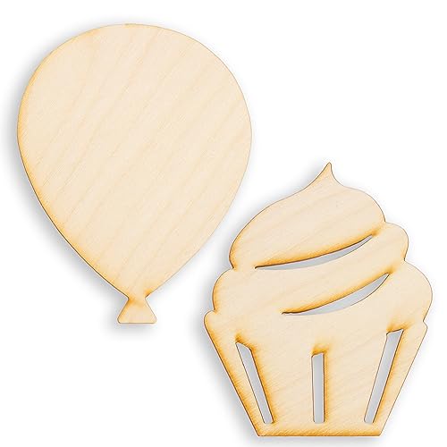 Pack of 24 Unfinished Wood Assorted Party Balloon and Cake Cutouts by Factory Direct Craft - Blank Wooden DIY Party Shapes for Scouts, Camps, Factory Direct Craft