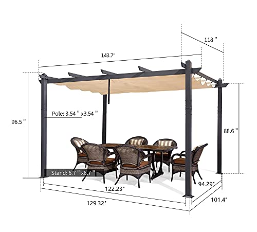 PURPLE LEAF 10' X 12' Outdoor Retractable Pergola with Sun Shade Canopy Patio Metal Shelter for Garden Porch Beach Pavilion Grill Gazebo Modern Yard - WoodArtSupply