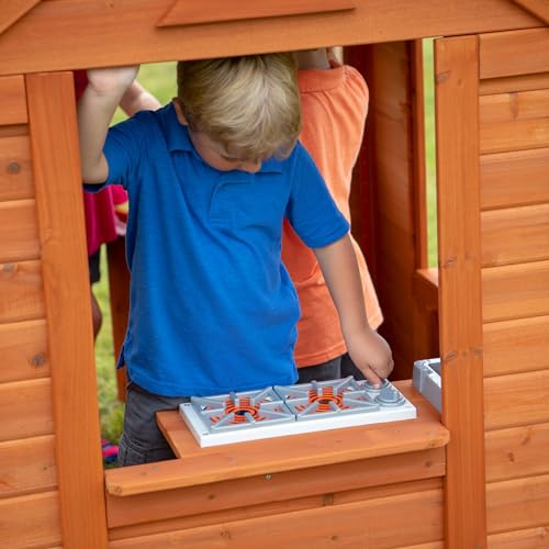 Backyard Discovery Timberlake All Cedar Wooden Playhouse, Country Cottage, Sink, Stove, White Trimmed Windows, Kitchen with Sink and Stove, Flowerpot - WoodArtSupply