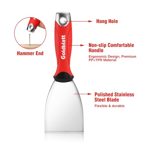 Goldblatt 3" Putty Knife, Stainless Steel Scraping Paint, Putty Knife Scraper with Hammer End, Soft Grip, Perfect for Drywall Repairing and Finishing Goldblatt