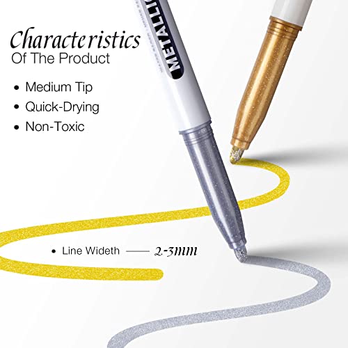 JR.WHITE Metallic Markers Pens, Silver and Gold Paint Pens, Value Set of 12 Metallic Pens for Black Paper, Glass, Rock Painting, Halloween Pumpkin, JR.WHITE