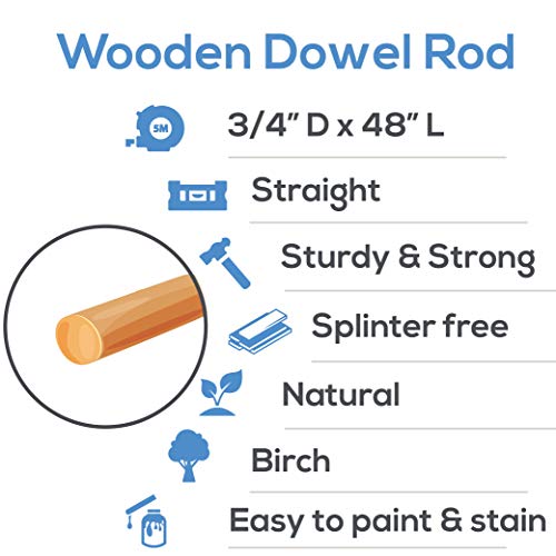 Dowel Rods Wood Sticks Wooden Dowel Rods 3/4 x 48 Inch Unfinished Hardwood Sticks for Crafts and DIYers 5 Pieces by Woodpeckers