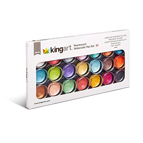 KINGART Watercolor Pan Set, Pearlescent Colors, 21 Unique Shades & Paint Brush KINGART