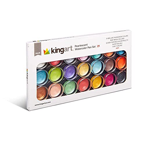 KINGART Watercolor Pan Set, Pearlescent Colors, 21 Unique Shades & Paint Brush - WoodArtSupply