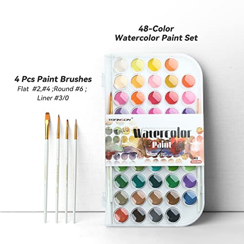 Transon 48-Color Watercolor Kit with 4pcs Paint Brush Set for Adults, Students, Beginners and Artists - WoodArtSupply