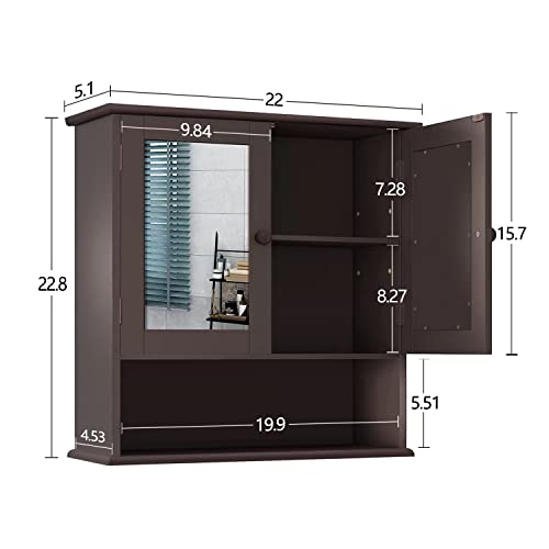 TaoHFE Brown Wall-Mounted Medicine Cabinet with Mirror and Open Shelves TaoHFE