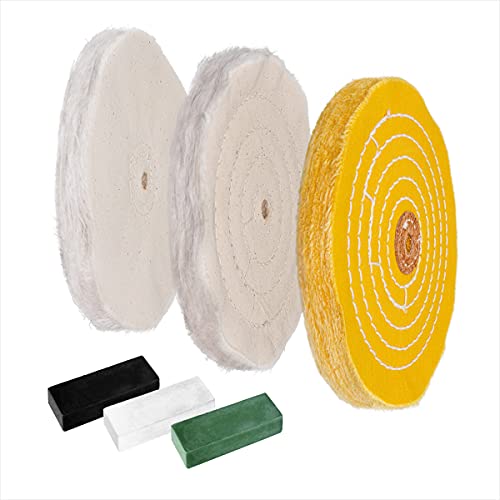 POWERTEC 71631 6 Inch Bench Grinder Buffing Wheel Kit w/ 3pcs Polishing Compound Set Including Black, White, Green Bars and Treated Yellow (40 Ply) POWERTEC