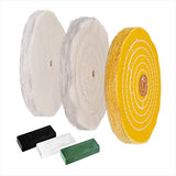 POWERTEC 71631 6 Inch Bench Grinder Buffing Wheel Kit w/ 3pcs Polishing Compound Set Including Black, White, Green Bars and Treated Yellow (40 Ply) POWERTEC