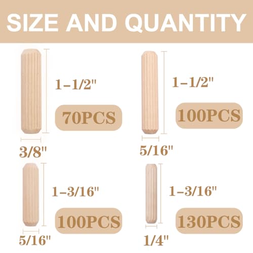 smseace 400PCS Straight Groove Wooden Dowel Pins with Tapered End with Bevel Angle, 1/4 "5/16" 3/8 "(6mm, 8mm, 10mm) Wooden Dowel Pins, Used for smseace