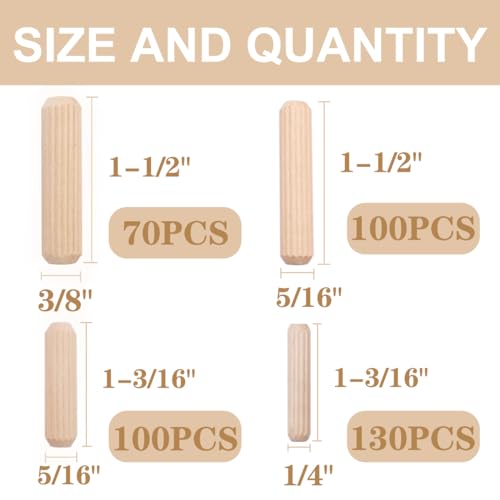 smseace 400PCS Straight Groove Wooden Dowel Pins with Tapered End with Bevel Angle, 1/4 "5/16" 3/8 "(6mm, 8mm, 10mm) Wooden Dowel Pins, Used for - WoodArtSupply