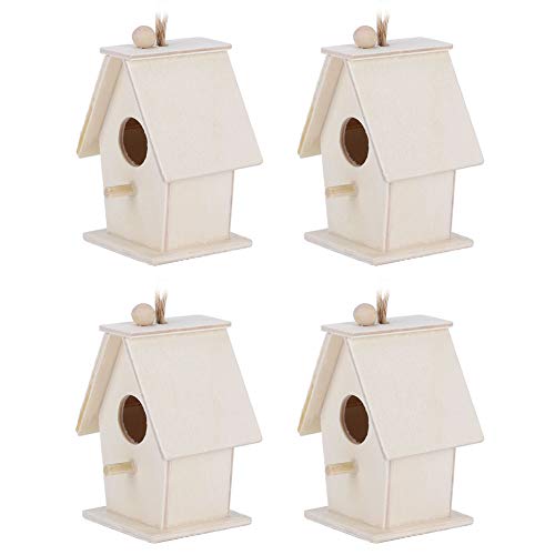 4Pcs Wooden Birdhouse Kits, Hanging Bird House Decorative Small Wood Birds Nest Cage Unfinished Paintable Nesting Box Innovative Birdcage Crafting