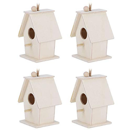 4Pcs Wooden Birdhouse Kits, Hanging Bird House Decorative Small Wood Birds Nest Cage Unfinished Paintable Nesting Box Innovative Birdcage Crafting Tiiyee