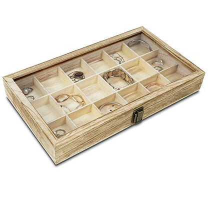 MOOCA Wooden Display Storage Case with Tempered Glass Lid for Jewelry and Beads with 18 Compartments Tray, 15 W x 8 3/8 L x 2 1/8 H in, Oak Color