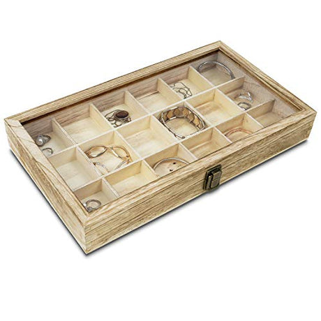 MOOCA Wooden Display Storage Case with Tempered Glass Lid for Jewelry and Beads with 18 Compartments Tray, 15 W x 8 3/8 L x 2 1/8 H in, Oak Color MOOCA