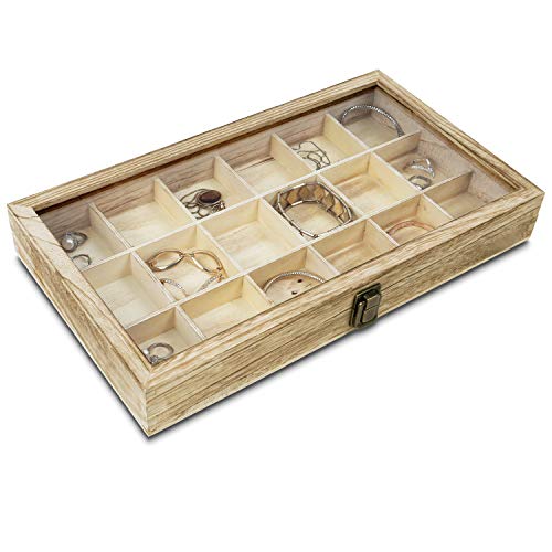 MOOCA Wooden Display Storage Case with Tempered Glass Lid for Jewelry and Beads with 18 Compartments Tray, 15 W x 8 3/8 L x 2 1/8 H in, Oak Color - WoodArtSupply