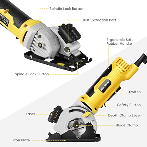 Mini Circular Saw, ENVENTOR 4.8A Electric Circular Saw Corded with Laser Guide, 4000RPM, 3 Saw Blades 3-3/8" Max Cutting Depth 1-1/16", Compact Hand