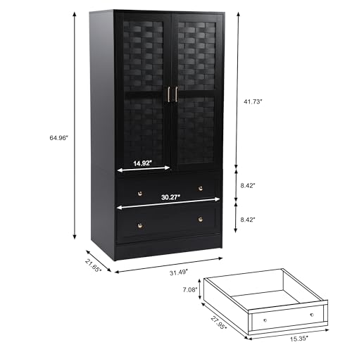 LEVNARY Armoire Wardrobe Closet with 2 Woven Doors, Wardrobe Cabinet with 2 Storage Drawers and Hanging Rail, Freestanding Wooden Closet for Bedroom LEVNARY