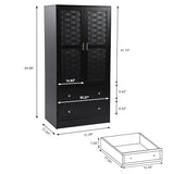 LEVNARY Armoire Wardrobe Closet with 2 Woven Doors, Wardrobe Cabinet with 2 Storage Drawers and Hanging Rail, Freestanding Wooden Closet for Bedroom LEVNARY