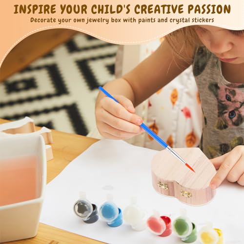 Kigley 100 Pcs Unfinished Wooden Heart Box Kit Include 12 Pcs Heart Treasure Box 72 Pcs Paints, 12pcs Brushes, 4 Sheets Rhinestones Stickers Craft Kigley