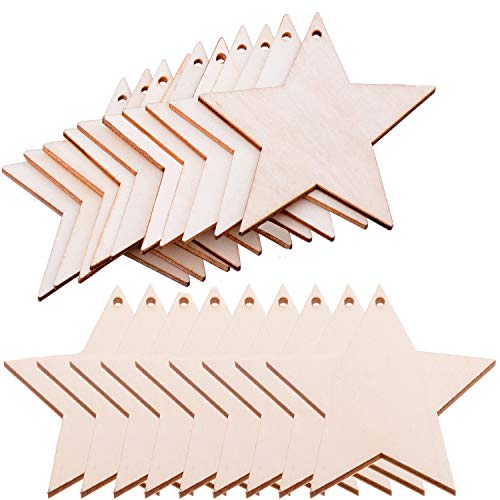 Pack of 50 Wooden Crafts to Paint 3 inch Christmas Tree Hanging Ornaments Unfinished Wood Cutouts Christmas Decoration DIY Crafts (Wooden Star malyunin