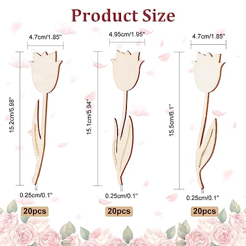 NBEADS 60 Pcs 3 Styles Wood Flower Cutouts, 6×2×0.1"(15.1×4.95×0.25cm) Unfinished Wooden Cutouts Rose Shape Blank Spring Flower Wood Slices Pieces NBEADS