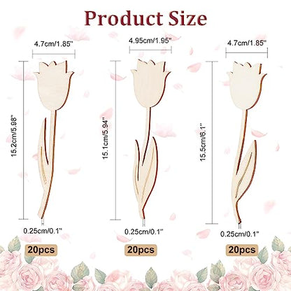NBEADS 60 Pcs 3 Styles Wood Flower Cutouts, 6×2×0.1"(15.1×4.95×0.25cm) Unfinished Wooden Cutouts Rose Shape Blank Spring Flower Wood Slices Pieces