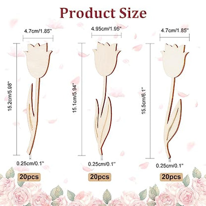 NBEADS 60 Pcs 3 Styles Wood Flower Cutouts, 6×2×0.1"(15.1×4.95×0.25cm) Unfinished Wooden Cutouts Rose Shape Blank Spring Flower Wood Slices Pieces - WoodArtSupply