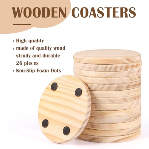26 Pieces Unfinished Wood Coasters, 4 Inch Round Blank Wooden Coasters for Crafts with Non-Slip Silicon Dots for DIY Stained Painting Wood Engraving