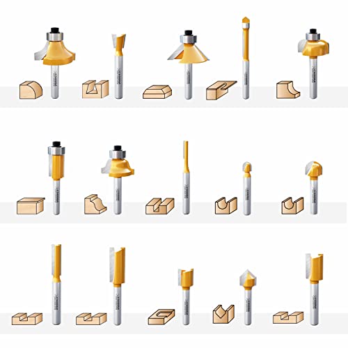 CSOOM Upgrade 15 Pieces Router Bits ,Tungsten Carbide Router Bit Set, 1/4 inch Shank,High Durability Woodworking on Wood of - WoodArtSupply
