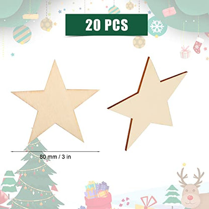SAVITA 20pcs Wooden Stars for Craft Blank Unfinished Wooden Stars Ornaments Wooden Star for Writing and Painting for Christmas Festival Decor