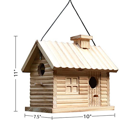 Bird Houses Outside,Outdoor Bird House, Natural Wooden Bird Hut Clearance 2 Hole Bluebird Finch Cardinals Hanging Birdhouse for Garden Viewing