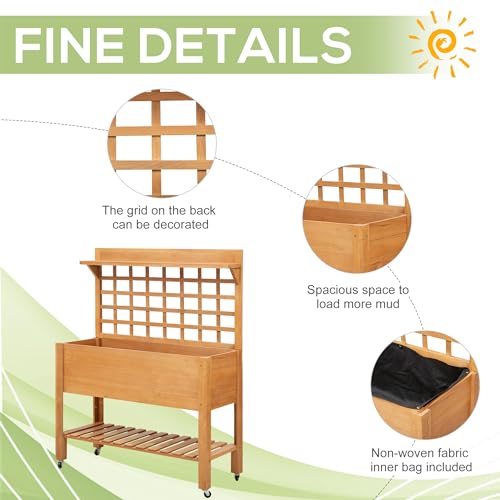 Outsunny 41" Raised Garden Bed with Trellis on Wheels, Wooden Elevated Planter Box with Legs and Bed Liner, for Flowers, Herbs & Vegetables, Brown Outsunny