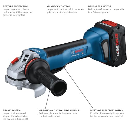 BOSCH GWS18V-10PB14 18V Brushless 4-1/2 – 5 In. Angle Grinder Kit with Paddle Switch and (1) CORE18V® 8 Ah High Power Battery - WoodArtSupply