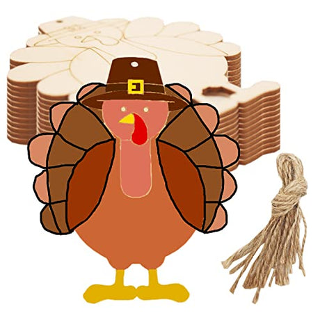 25 Pieces Thanksgiving Unfinished Wooden Cutouts Wood Turkey Shaped Ornaments Wooden DIY Crafts Hanging Gift Tags with Hole Hemp Ropes for Fall LOKESI
