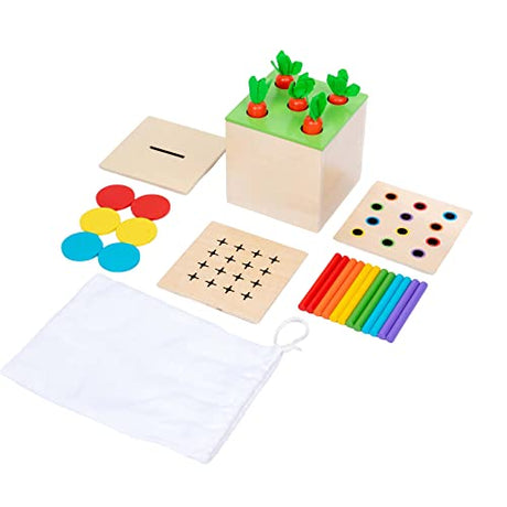 4 in 1 Montessori Play Kit Box - Cotton Swab Board Fine Motor Skills Game,Coin Box, Carrot Harvest Game, Matchstick Color Drop Game – Montessori Toys Adena Montessori