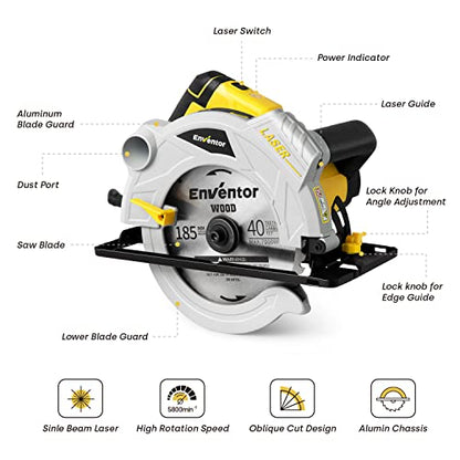 Electric Circular Saw, ENVENTOR Corded 12A Skill Saw 7-1/4-Inch with Laser Guide, 5500 RPM 1500W, Single Handed Bevel, 2 Blade Saws for Wood,