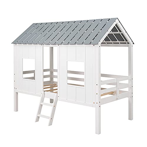 Merax Twin Size Low Loft Wooden House Bed with Roof and Windows in White and Grey - WoodArtSupply