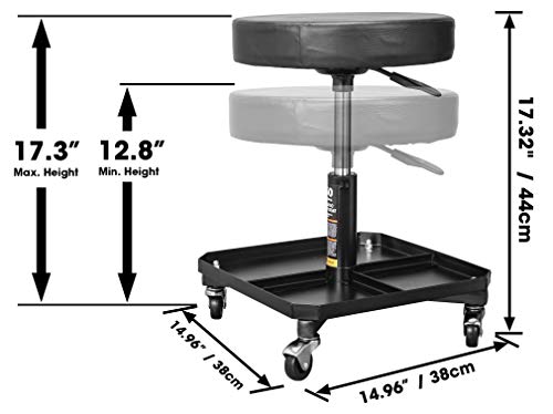 Torin ATR6350B Rolling Pneumatic Creeper Garage/Shop Seat: Padded Adjustable Mechanic Stool with Tool Tray Storage, Black Torin