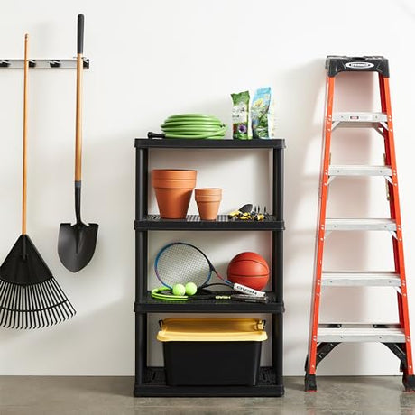 Gracious Living 14" x 32" x 54.5" 4-Shelf Tier Resin Multi-Purpose Medium Duty Indoor Garage Storage Organizer Shelves, Black Gracious Living