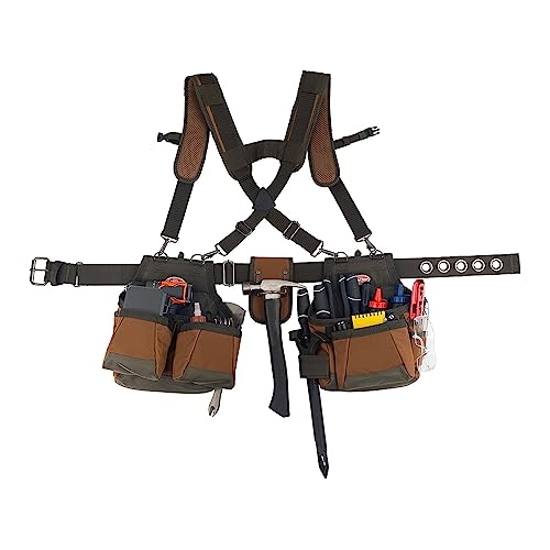 Bucket Boss - AirLift Tool Belt with Suspenders, Tool Belts - Original Series (50100) with 12 pockets, Brown , 52 Inch Bucket Boss