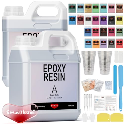 Smallbudi 1 Gallon Epoxy Resin Kit for Beginners, Resin Kit with 24 Mica Powder, Foil Flakes, Measuring Cups, Sticks - Resin Epoxy for Casting, - WoodArtSupply