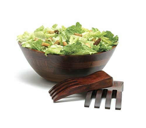 Lipper International Cherry Finished Wavy Rim Serving Bowl with 2 Salad Hands, Large, 13" x 12.5" x 5", 3-Piece Set - WoodArtSupply