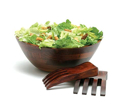 Lipper International Cherry Finished Wavy Rim Serving Bowl with 2 Salad Hands, Large, 13" x 12.5" x 5", 3-Piece Set - WoodArtSupply