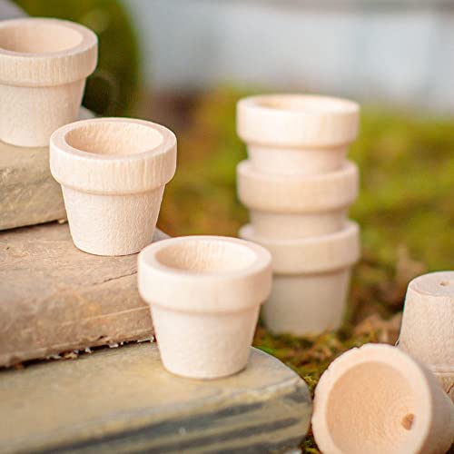 Miniature Unfinished Wood Flower Pots - Pack of 48 Tiny Wooden Flowerpots for Dollhouses, Fairy Gardens, Train Scenes, and Miniature Displays (9/16"