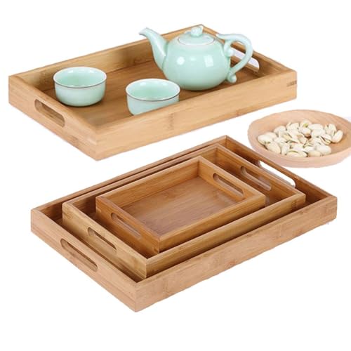 2WOOD Natural Wood Serving Tray with Handles - Stackable, Compact Wooden Nested Serving Trays for Easy Transport - Ergonomic Grip Wood Trays