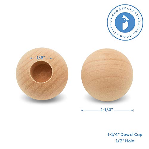 Wood Dowel Caps 1-1/4 inch Diameter with 1/2 inch Hole, Pack of 10 Unfinished Dowel Rod Caps for 1/2 inch Dowel Rods, for Crafts and DIYers, by - WoodArtSupply